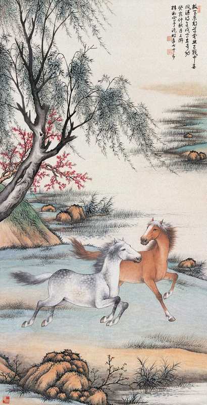 殷梓湘 春郊放马图 立轴